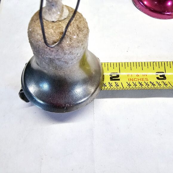 5 Vintage Glitter Snowy Metal Bells Christmas Tree Ornaments w/handle & clapper - Picture 6 of 11